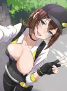 Image of a girl whom appears to be wearing some custom made, contacts lenses and a shirt that is incapable of keeping her enormous sweaty tits properly contained. [Pokemon GO: Protagonist F]
