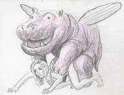 A PINK HIPPO WITH PICKLE WINGS HAVING SEX WITH EMMA WATSON