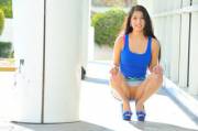 Crouching in blue