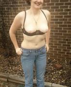 Showing off my new bra outside in law's house
