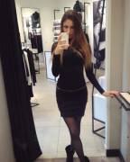 Checking herself out in the Wolford Store in her Wolford Fatal Dress and Wolford Pantyhose