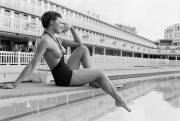 Daphne Dayle modeling a monokini for Life magazine, 1964