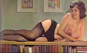 Julie Williams lying on a shelf, 1960s.