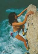 Woman climbing topless on the calanques in southern France, early 80's [NSFW]