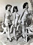 3 unknowns, topless, posing outside in garters &amp; stockings. 40s/50s era?