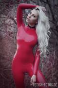 Blonde in a red catsuit