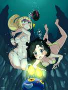 Lillie and Moon Diving for Pokemon