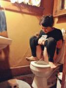 Cute Barefoot Girl Peeing On Floor From Toilet