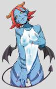 Blue-skinned succubus in a swimsuit