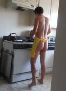 Cooking breakfast; I'm usually slightly more nude than this though