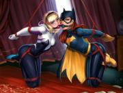 Spider Gwen and Batgirl Practice Shibari
