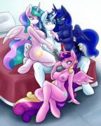 Shining Armor and his harem; Princesses version and Incest version (artist: ambris)
