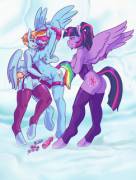 Twiglight and Windy Whistles toying with their pet Rainbow Dash (mlpfwb) [My Little Pony]