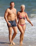 Denise Welch in bikini with her husband