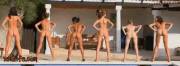 Nearly nude girls working out by the swimming pool [gif]