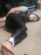 Duct taped amateur in leather tights