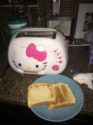 I'm doggy sitting at a family friend's house and they have a hello kitty toaster that toasts hello kitty onto the bread!!!!! There's also four little tiny doggies and three snuggly kitties, I'm in baby girl heaven