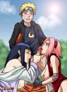 [Hinata and Sakura] giving Naruto a blowjob