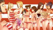 [Sakura] sucking [Ino]'s cock while everyone stands around in swimsuits [Hinata, Tsunade, Hanabi, Temari, Anko, Kurenai, Kin]