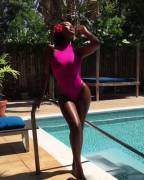 Big black ass in pink swimsuit