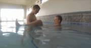 When your best bro helps you with aquatic physical therapy after your serious injury.