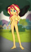 Sunset Shimmer sometimes forgets that she needs to wear clothes when out and about (artist: invisibleink)