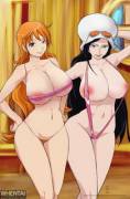 Nami and Robin wearing very thin swimsuits