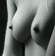 B/W image of a nice pair of breasts with sweet fuzzy nipple erections. [x-post /r/nipples]