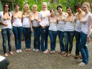 10 girls in blue jeans flashing their boobs
