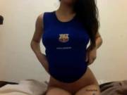 Brunette in blue top doing her sexy tittydrop [gif]
