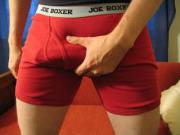 showing off my hard rod in my red boxerbriefs
