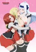 Flare, Lucy and Angel hugging it out in school uniforms