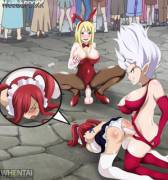 Mirajane fucking Erza and Lucy masturbating in front of the townsfolk