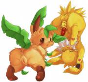 Leafeon [F] and Jolteon [M] being more than intimate with each other