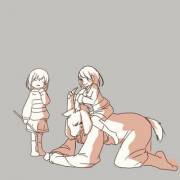 Chara riding Asriel while Frisk watches