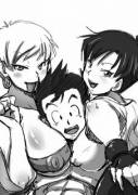 Erasa and Videl sandwiching Gohan with their breasts