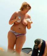 Beer, hot dog, and a chubby topless chick, what a combo!