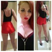 Red hair, red lips, red shorts