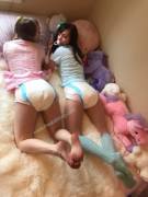 Two girls in diapers