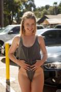 Blonde cutie flashes her bikini tanlines in public