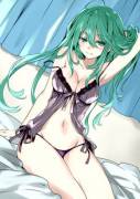 Her green hair goes well with her lingerie.