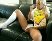 Just sitting on the couch, eating some Cheerios.