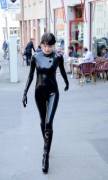 Tight black catsuit in the city