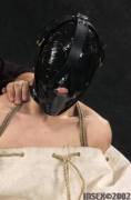Head wrapped in tape and strapped with a harness