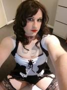 Dressed up in my french maid outfit and locked in my tiny cage!