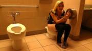 Blonde hottie peeing on a low toilet