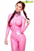 Pink latex bodysuit and a posture collar