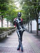Black Rubber Latex Catsuit with Red Randoseru in Public (Kitaimono-wo-Kiruyo)
