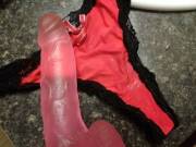 Drained my balls on another thong. Found something extra too.