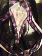 Sisters panties and heels coated in a big load and left to dry/wear